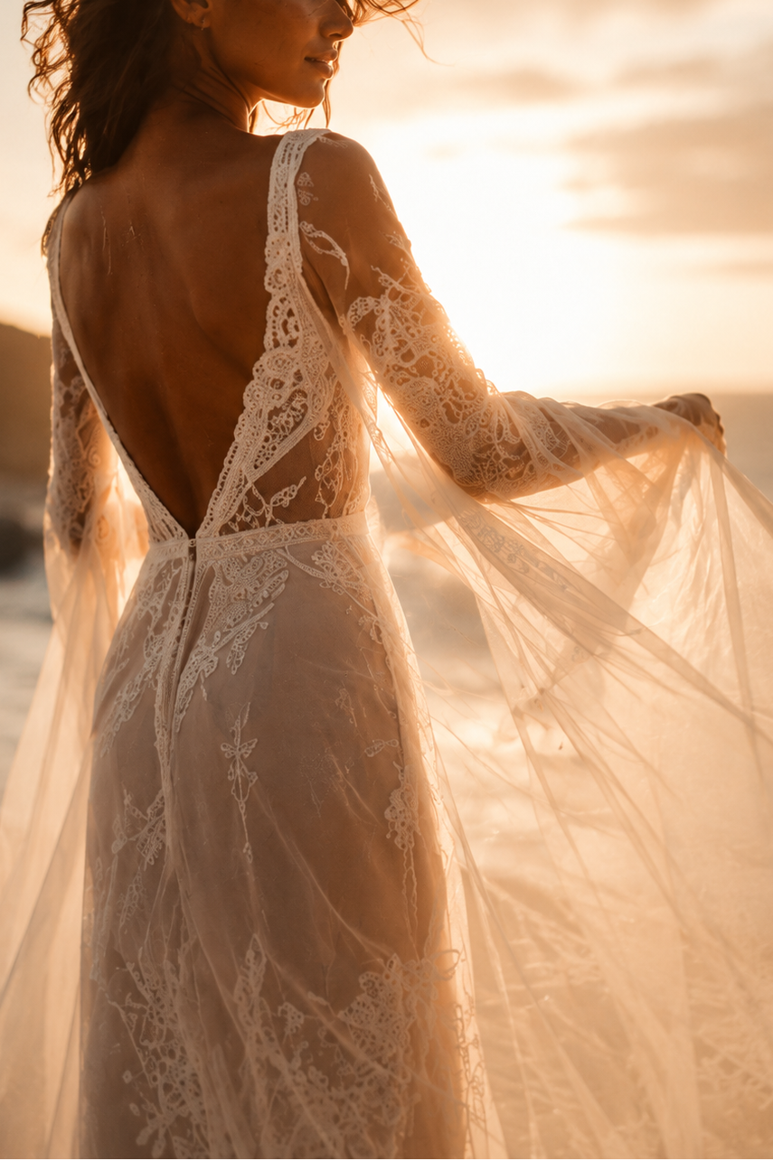 A woman on a beach at sunset wearing a sheer lace wedding dress with a deep open back and flowing tulle sleeves, photographed from behind as the wind blows her hair and dress.